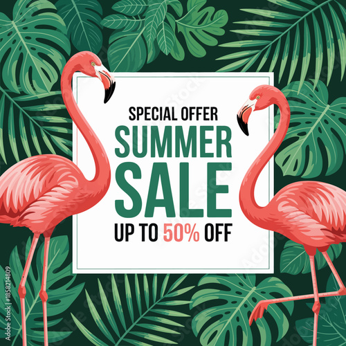 This eye-catching image features two vibrant flamingos surrounded by lush tropical leaves, promoting a summer sale with a bold message and lively colors for attractive marketing.