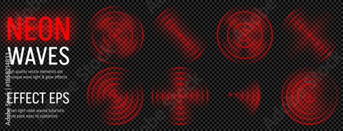 Red wave pain circle effect. Sonar scan radar glow icon. Hud hunting game radial doppler neon sign. Concentric ring range for ripple abstract vector. Focus and accuracy sonic transparent overlay