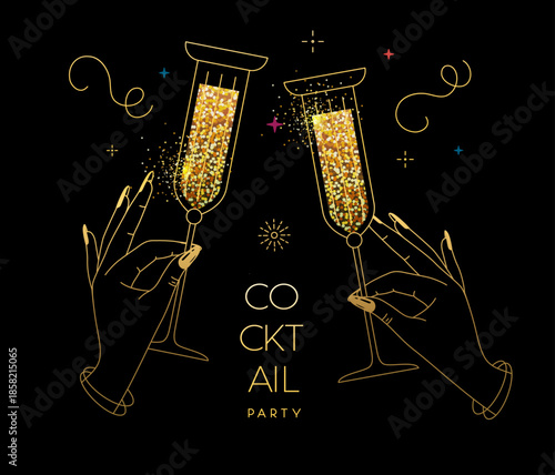 Line art hands with golden cocktails and firework. Cocktail party. Celebration toast with two cocktail glasses. Vector illustration
