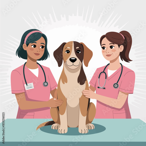 Two dedicated veterinary professionals examining a dog in a clinic setting, emphasizing their commitment to animal welfare and health in a comfortable environment.