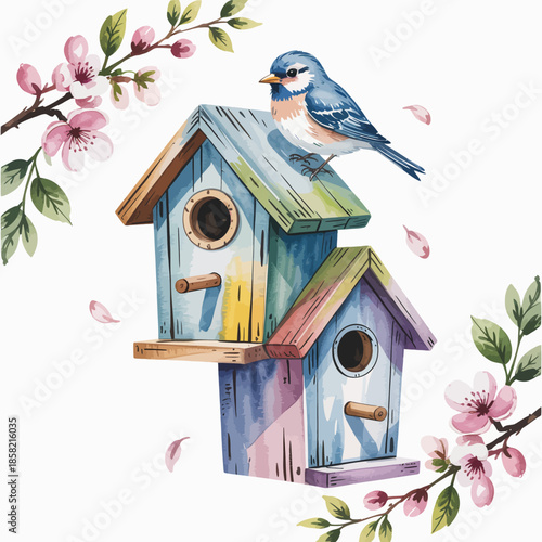 Two vibrant birdhouses nestled among delicate cherry blossom branches, creating a joyful scene that emphasizes nature's beauty and the importance of habitats for birds.