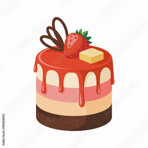 A tempting layered cake topped with a fresh strawberry and delightful chocolate decorations, perfect for any celebration and dessert enthusiasts.
