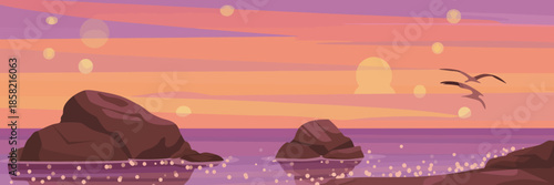 A picturesque sunset paints the sky with vibrant hues over a calm ocean, featuring serene rocks and birds in flight, evoking feelings of peace and tranquility.