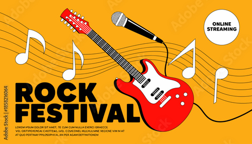 An energetic rock festival theme featuring a striking red electric guitar, vibrant musical notes, and an eye-catching color scheme, perfect for promoting music events and lifestyle.