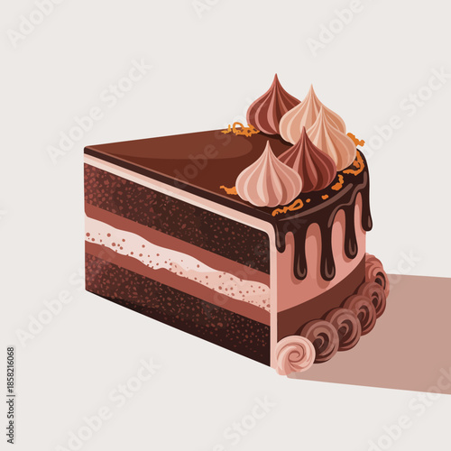 A mouthwatering slice of chocolate cake, adorned with creamy decorations, evokes feelings of indulgence and joy, perfect for dessert lovers and culinary enthusiasts alike.