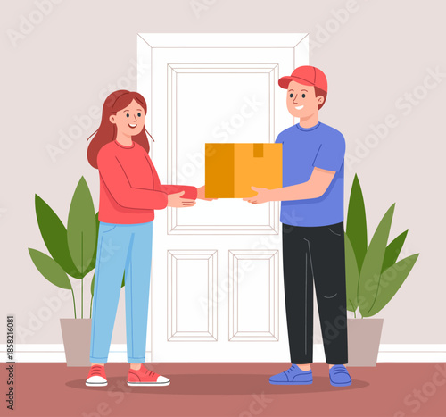 A friendly delivery interaction between a man and a woman at a front door with a package, symbolizing convenience in today’s fast-paced world of deliveries.