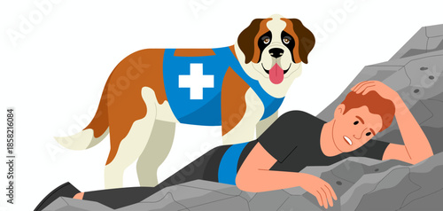 A rescue dog helps a hiker in distress on rocky terrain, symbolizing bravery, loyalty, and the bond between humans and animals in challenging situations.