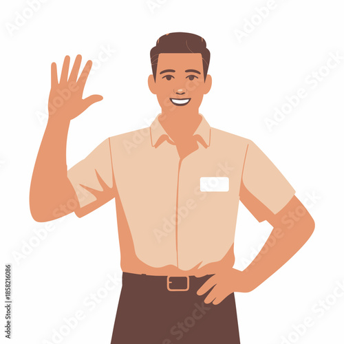 A cheerful young man waving hello, showcasing friendliness and approachability, making this image ideal for community-related projects, social interactions, and welcoming themes.