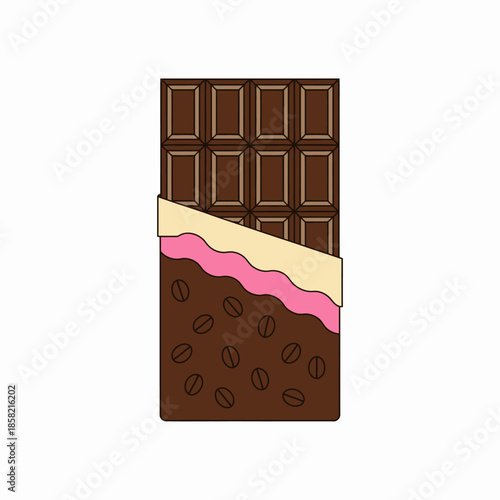 A creatively designed chocolate bar showcasing layers of chocolate, swirls of pink cream, and coffee bean accents, perfect for pleasing the taste buds.