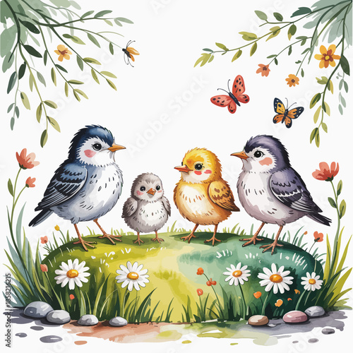A vibrant illustration of four unique birds standing on green grass surrounded by flowers, showcasing the beauty of nature and the joy of avian companionship in a delightful setting.