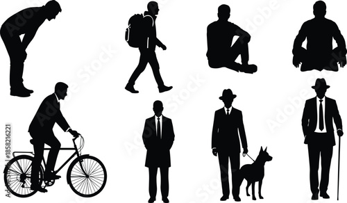 Set of black silhouettes featuring men in various poses, including walking with backpack, riding bicycle, sitting, standing with dog, and wearing business suits.