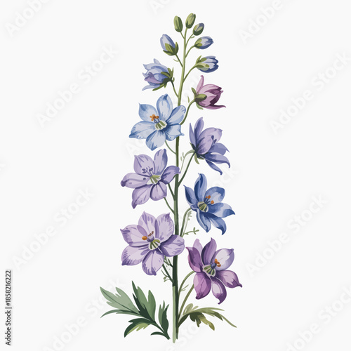 A stunning illustration of flowering plants featuring vibrant blooms in varied shades of blue and purple, capturing the beauty of nature’s artistry in floral design.