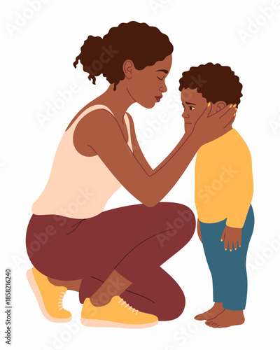 A touching visual of a mother bending to comfort her child, expressing deep care and connection that reflects the warmth of family relationships and emotional support in parenting.