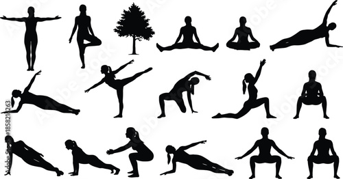 Yoga and pilates silhouettes set featuring women in various fitness poses, including tree pose, side plank, squats, and stretching exercises, wellness vector illustration.
