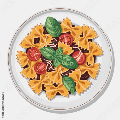 This appetizing image showcases a plate of farfalle pasta garnished with fresh basil leaves and cherry tomatoes, an artfully presented Italian dish.