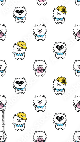 dog seamless pattern vertical wallpaper Poodle Chow Chows cap hat food bowl cartoon doodle digital pet french bulldog puppy tile background repeat gift wrapping paper illustration