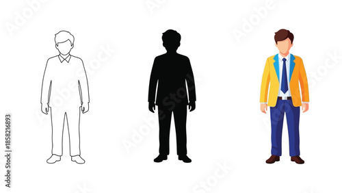 Set of three male business figures outline drawing, black silhouette and full color illustration