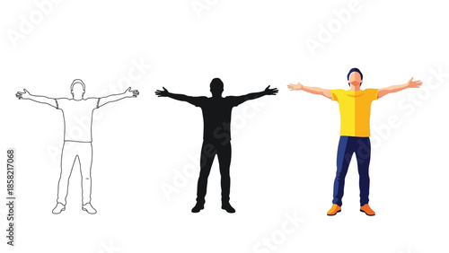 Man with arms outstretched in various styles sketch, silhouette and full color photo