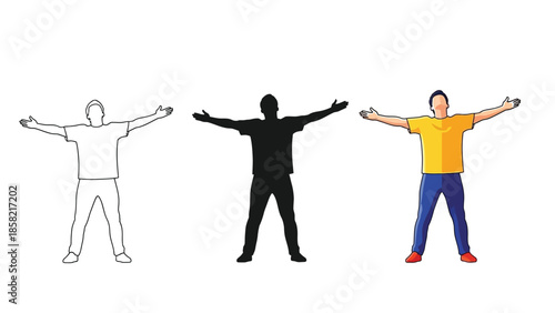 Man doing jumping jacks exercise in three styles outline, silhouette and full color illustration