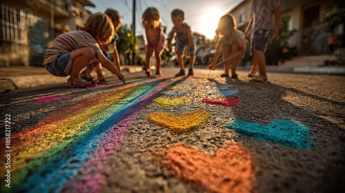 Group of children drawing with chalk on sunlit street, depicting rainbow and hearts