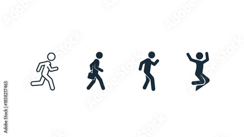 Universal human movement icons set running, walking with bag, jogging, and jumping stick figures in outline and solid styles