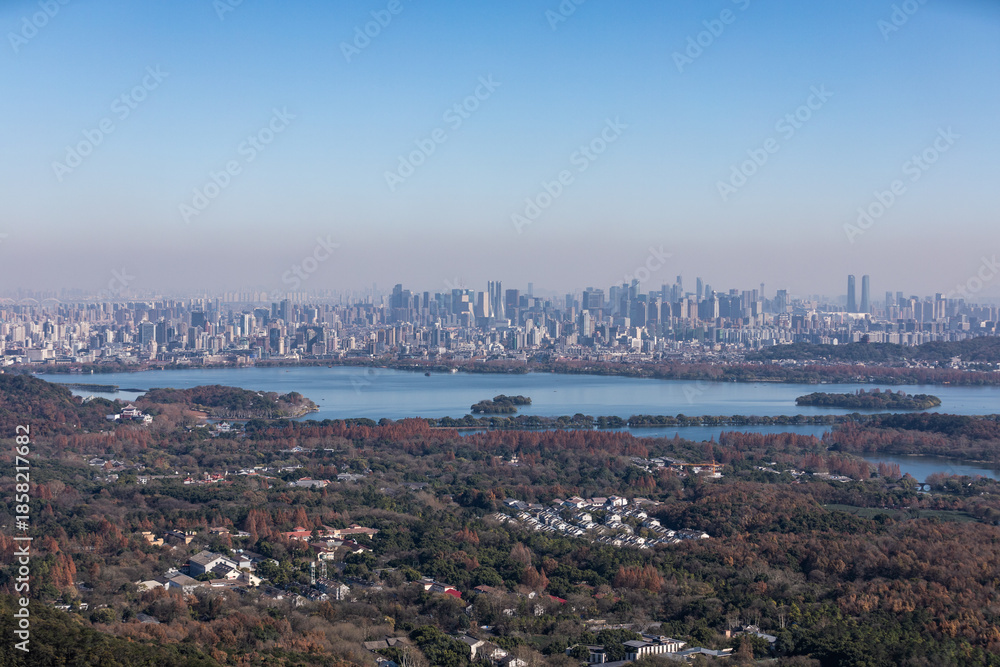 Fototapeta premium Hangzhou Skyline View from North Peak - Distant City Landscape