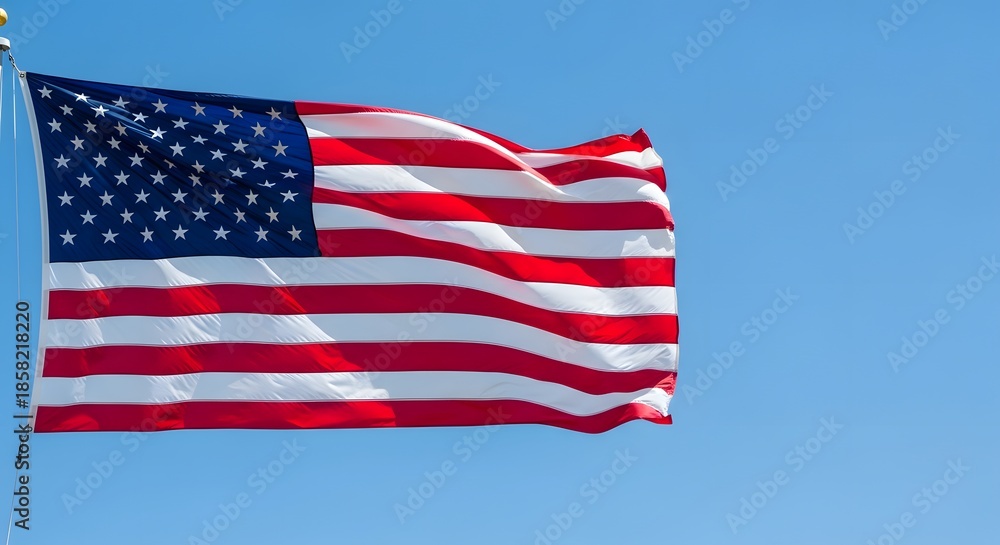 Fototapeta premium USA flag waving majestically in the breeze against a clear blue sky, embodying national pride and the spirit of freedom for Independence Day concept