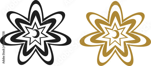 Abstract floral star ornament with smooth curved lines in black and gold tones. Modern decorative illustration suitable for logos, patterns, and creative designs.