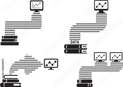Binary code and computer monitors with data storage