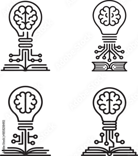 Four lightbulbs with brain and circuit board on books