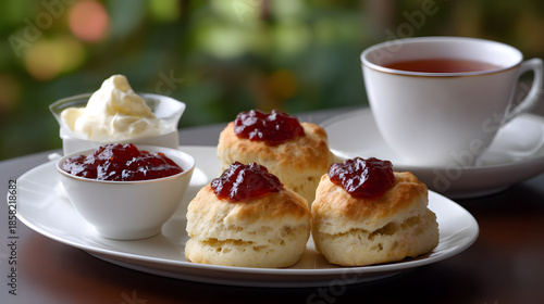 Afternoon Tea Delights: A close-up shot of a classic afternoon tea setup with a delicate cup of tea, warm scones, clotted cream, and vibrant jam, offering a comforting and traditional experience.