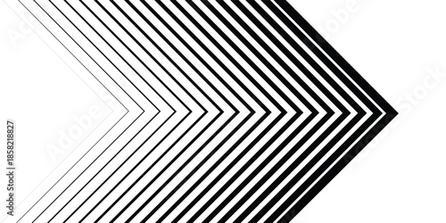 Minimalist Black and White Background with Right-Pointing Arrow. Striped Transition from Black Lines to White Abstract Solid Lines. Simple Pattern. modern