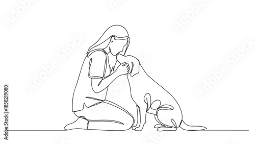 Continuous line art vector illustration of a woman kneeling with her dog in a serene one line art environment