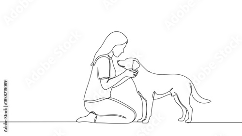 Continuous line art vector illustration of a woman playing with a dog, a serene scene of companionship and joy in a simple, one line drawing style.