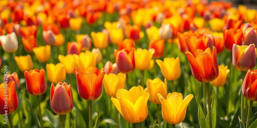 Fototapeta premium A gentle breeze rustles through a field of colorful tulips, swaying rhythmically in the warm spring air, floral, movement