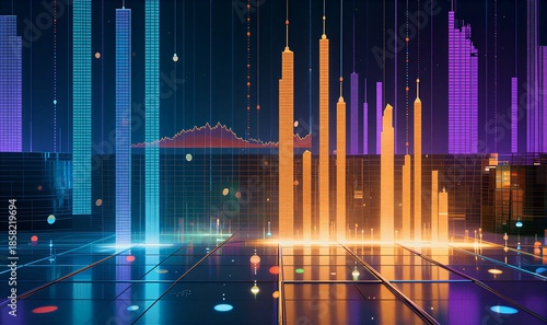 Futuristic city skyline glowing in vibrant colors against a digital data stream backdrop.