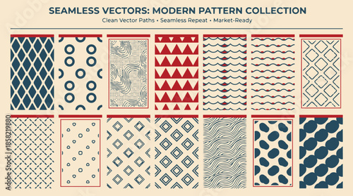 A collection of 12 modern seamless vector patterns featuring various geometric and abstract designs in a limited color palette of cream, dark blue, and red.