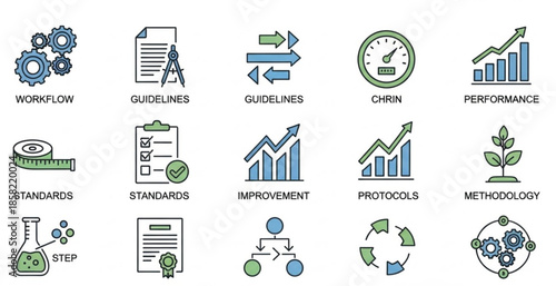 Best Practices & Workflow Icon Set – Blue-Green Conceptual Vector Collection for Business & Process Optimization