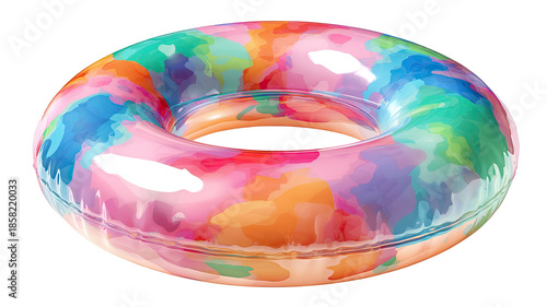 Colorful inflatable swimming ring with glossy transparent surface and multicolor abstract pattern floating object isolated on white background