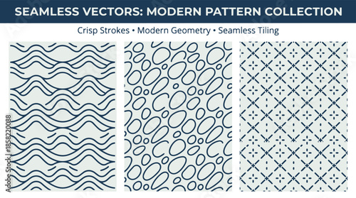 Seamless vector patterns featuring crisp strokes, modern geometry, and seamless tiling, including wavy lines, irregular ovals, and dashed diamond grids.