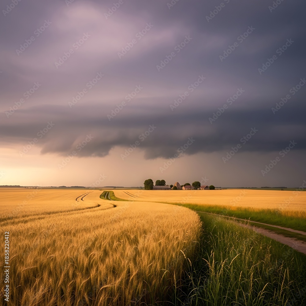 Fototapeta premium Dramatic Skies Over Golden Wheat Field - A Rural Landscape.