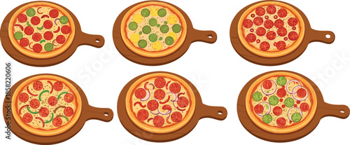 Set of delicious Italian pizza variations on wooden boards, top view food illustration vector collection