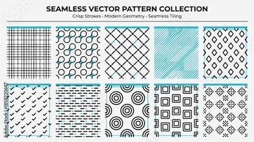 A collection of ten crisp, modern, geometric, and abstract seamless vector patterns suitable for tiling backgrounds and designs.