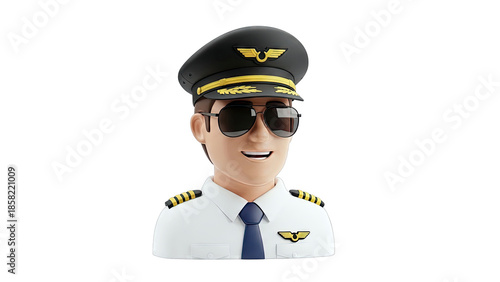 Pilot in Uniform Smiling with Sunglasses, 3D Render