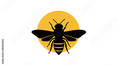 Bee Silhouette Logo with Yellow Circle, Minimal Honey Bee Vector Icon