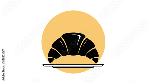  Croissant Icon on Serving Tray with Golden Circle, Minimal Bakery Vector