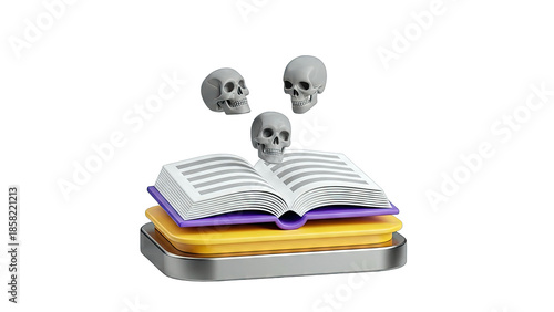 Skulls Floating Above Open Book on Stack - 3D Illustration