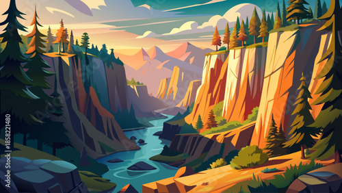 Forest canyon landscape vector with steep cliffs and dense trees, dramatic flat style
