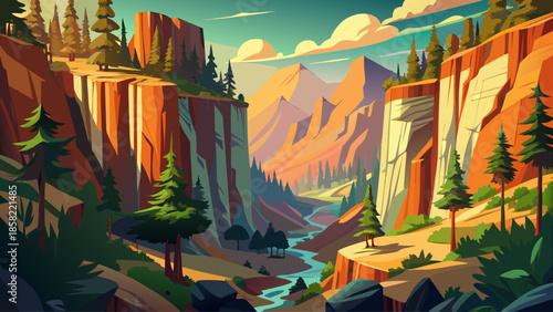 Forest canyon landscape vector with steep cliffs and dense trees, dramatic flat style