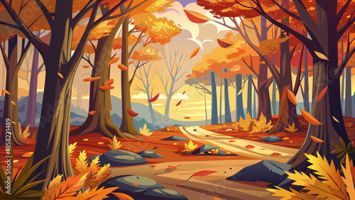 Forest landscape vector with fallen leaves covering ground, late autumn mood